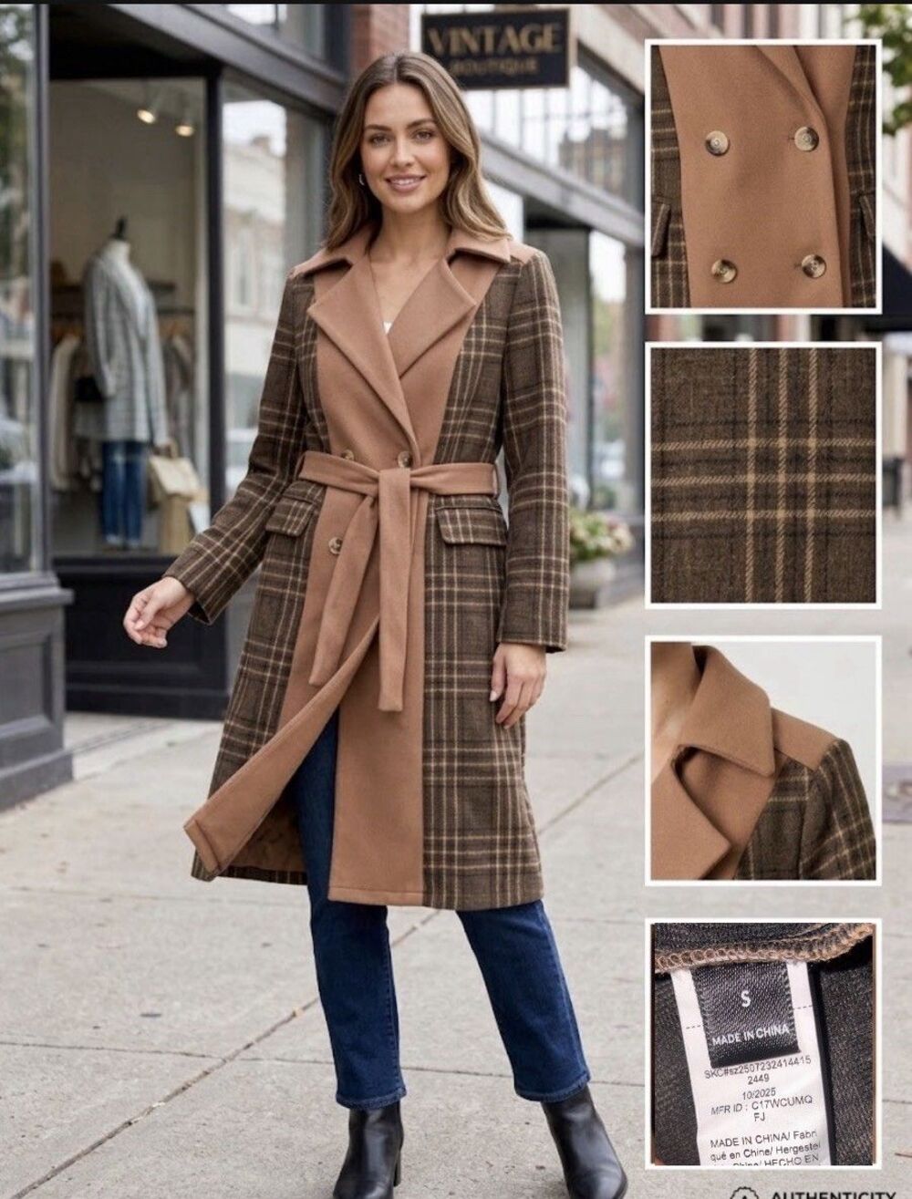 Belted Double-Breasted Brown Plaid Wool Trench Over Coat Size Small Color block